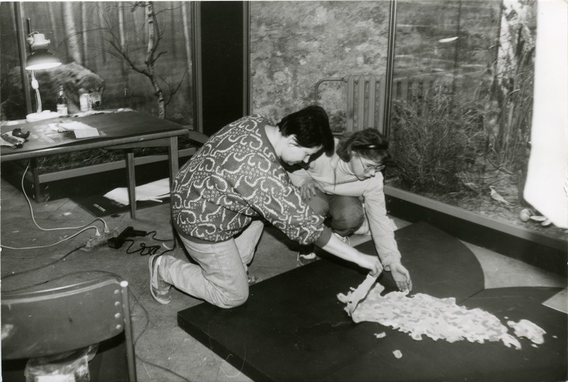 Tanja Bõstrov ja Kristi Ellart loodusosakonna planšetti seadmas