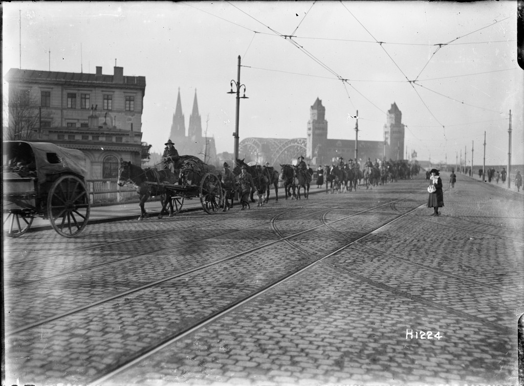 World War I New Zealand mounted troops moving through Cologne, Germany