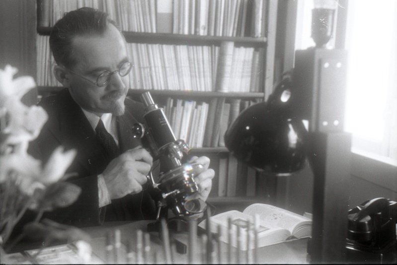 TÜ patoloogilise anatoomia kateedri juhataja (1930-62), arstiteaduskonna dekaan (1946-49) prof Albert Valdes mikroskoobiga