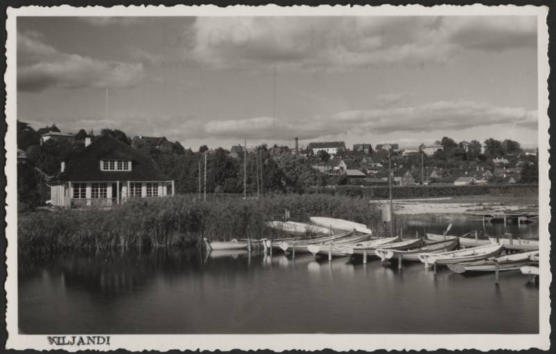 fotopostkaart, Viljandi, järv, tennise- ja veespordiklubi, mäeveerul elamud, u 1935