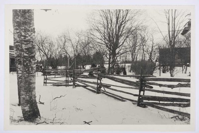 Kõrbse küla Orapere talu, rõhtaed rehemaja ja aida vahel.  duplicate photo