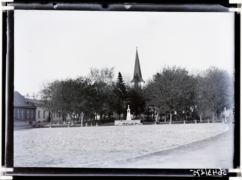 Vaade puiesteele. Turuplats, Borki sammas, raekoja park, Jaani kiriku torn.