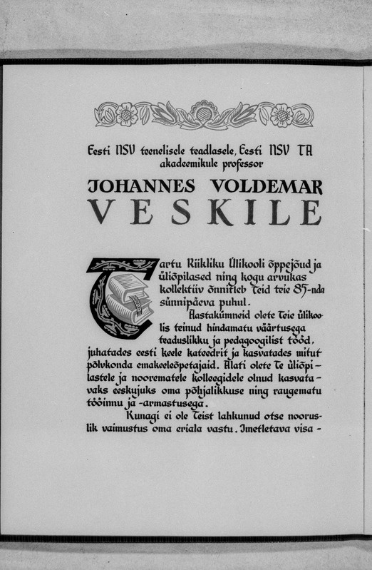 Akadeemik professor Johannes Voldemar Veskile 85. sünnipäevaks antud aukirja koopia