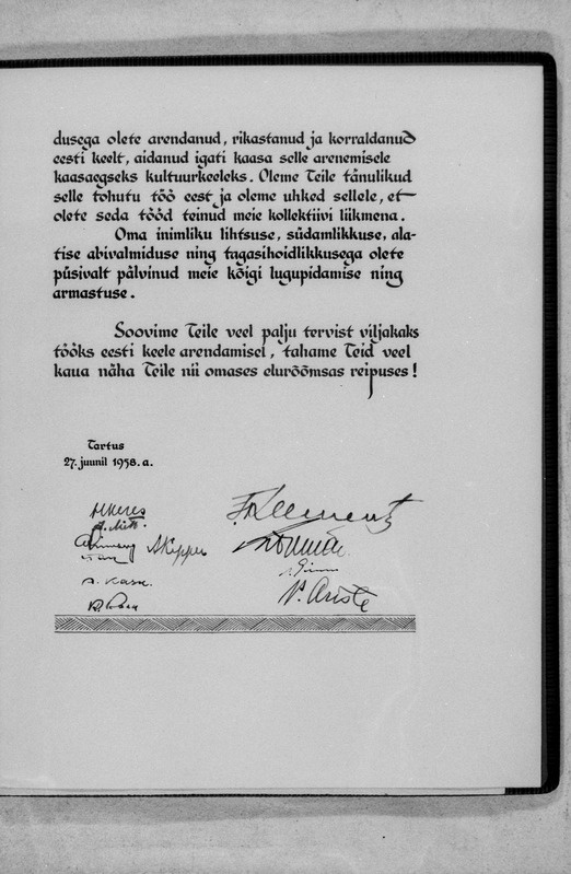 Akadeemik professor Johannes Voldemar Veskile 85. sünnipäevaks antud aukirja koopia