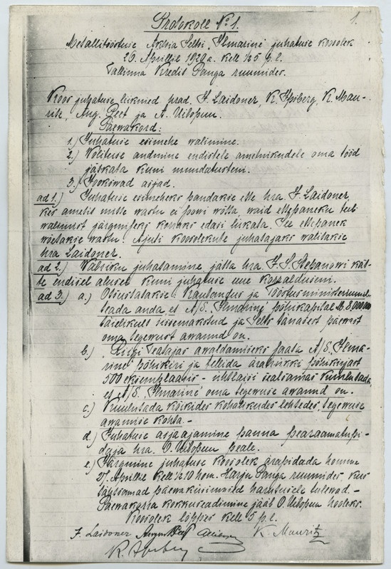 Metallitööstuse A/S "Ilmarine" juhatuse protokoll Nr. 1 - 26.04.1920.