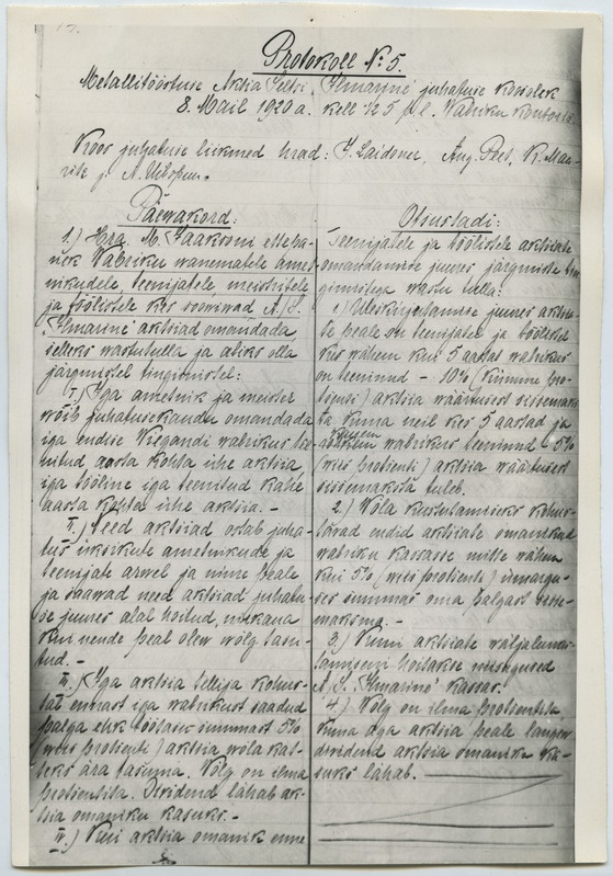 Metallitööstuse A/S "Ilmarine" juhatuse protokoll Nr. 5 - 08.05.1920.