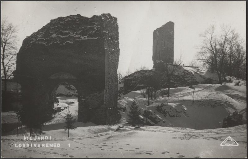 trükipostkaart, Viljandi, Kaevumägi II Kirsimäe poolt, värav, Suurmüür, talv, u 1915, foto J. Riet