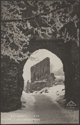 fotopostkaart, Viljandi, lossivärav, Suurmüür, talv, u 1925, foto J. Riet  duplicate photo