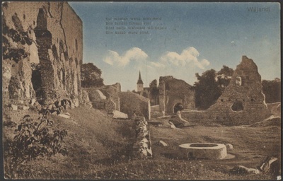 trükipostkaart, Viljandi, Kaevumägi, kaev, Suurmüür, Mungamüür, värav, Jaani kiriku torn, koloreeritud, u 1910, H. Leokese kirjastus (Wiljandi)  duplicate photo
