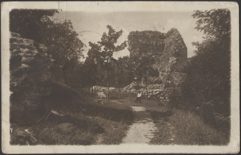 fotopostkaart, Viljandi, Kaevumägi, jalgtee järve poolt väravani, pink, inimene, u 1912