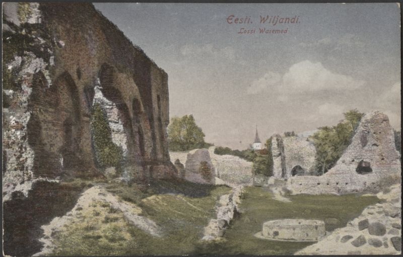 trükipostkaart, Viljandi, Suurmüür, kaev, Mungamüür, värav, Jaani kiriku torn, koloreeritud, foto Jaan Vinnal