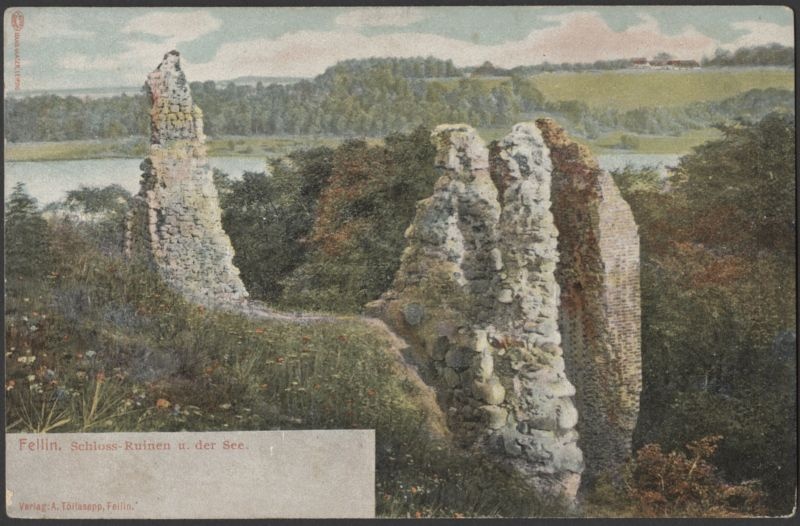 trükipostkaart, Viljandi, Kaevumägi, lõunapoolne nõlv, müürid, järv, vastaskallas, koloreeritud, u 1902, Verlag von A. Tõllasepp