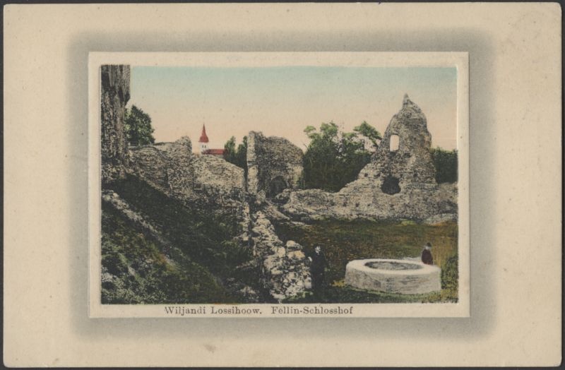 trükipostkaart, Viljandi, Kaevumägi, kaev, Mungamüür, värav, Jaani kiriku torn, mehed, koloreeritud, u 1905, Verlag von A. Tõllasepp