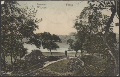 trükipostkaart, Viljandi, Kaevumägi, järvepoolne nurk II Kirsimäe kõrval, mees, järv, koloreeritud, u 1907  duplicate photo