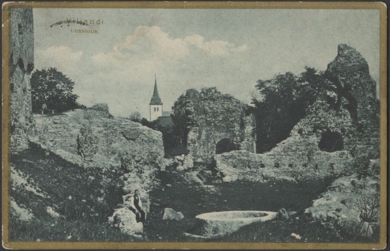 trükipostkaart, Viljandi, Kaevumägi, kaev, Mungamüür, värav, Jaani kirik, inimesed, u 1923, kirjastaja J. Leoke