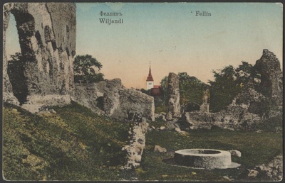 trükipostkaart, Viljandi, Kaevumägi, kaev, Suurmüür, Mungamüür, värav, Jaani kiriku torn, koloreeritud, u 1912  duplicate photo