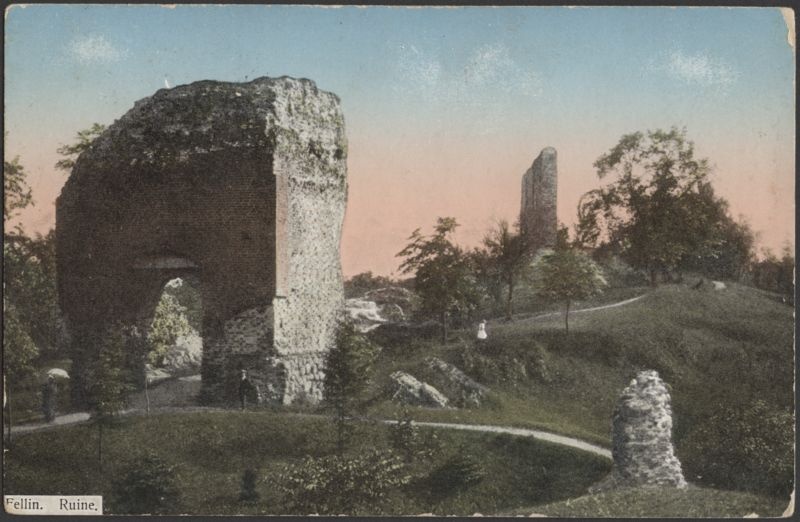 trükipostkaart, Viljandi, Kaevumägi II Kirsimäe poolt, värav, Suurmüür, koloreeritud, u 1912, kirjastaja T. Kurrikoff (Fellin)