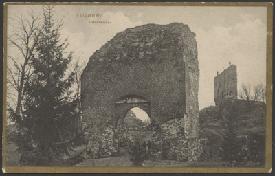 trükipostkaart, Viljandi, Kaevumägi, värav, poiss 2tk, Suurmüür, mees 2tk müüril, u 1915, J. leokese kirjastus (Viljandi)  duplicate photo