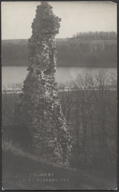 fotopostkaart, Viljandi, Kaevumägi, järvepoolne nõlv, müür, järv, u 1910, foto J. Riet