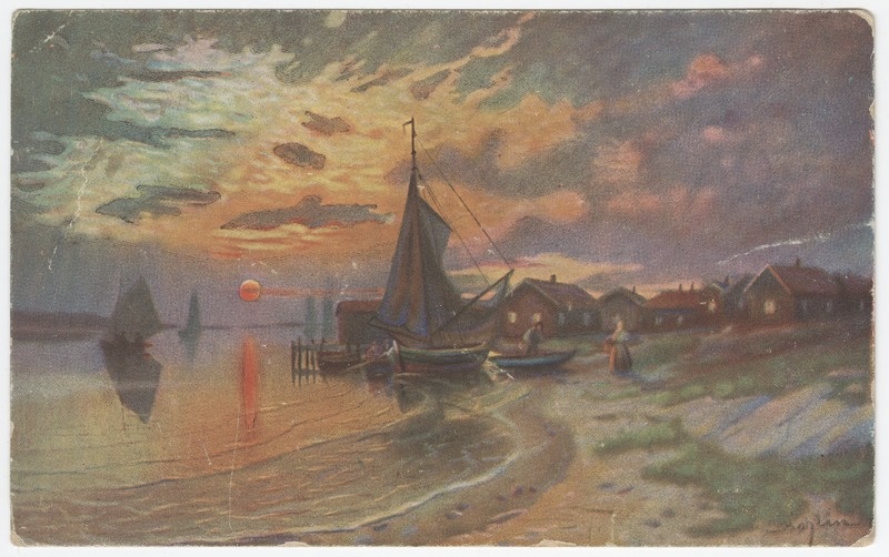 Vaade rannakülale, purjepaatidega sadamas