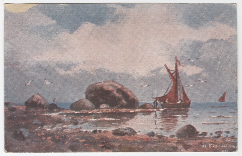 Rannikuvaade. Purjekas rannas, teine merel