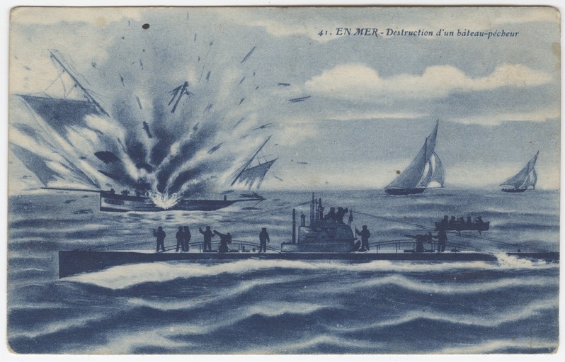 Kalalaeva õhkulendamine. Esiplaanil allveelaev, tagaplaanil purjelaevad