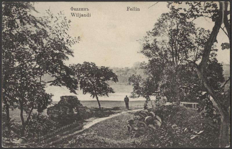 trükipostkaart, Viljandi, Kaevumägi, järvepoolne nurk II Kirsimäe kõrval, mees, järv, u 1907