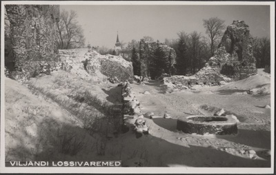 fotopostkaart, Viljandi, Kaevumägi, kaev, Mungamüür, värav, Jaani kiriku torn, talv, u 1925, foto M. Teng?  duplicate photo