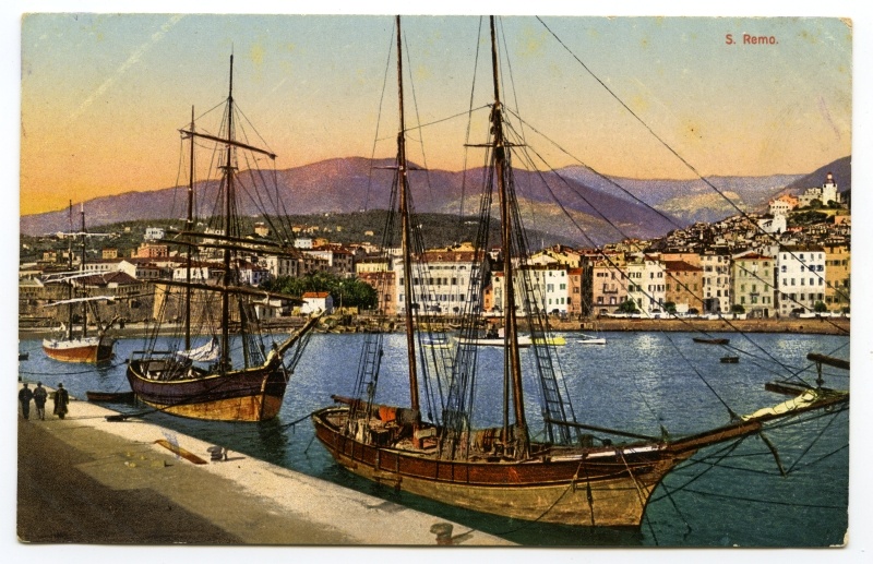Värviline postkaart: San Remo sadam purjelaevadega