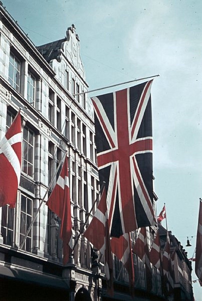 Strøget (the pedestrian street) in Copenhagen, decorated with flags. Photo: Jørgen Nielsen