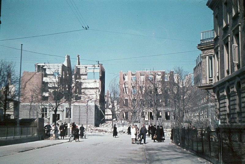 The mistakenly bombed French School and the surrounding neighborhoods. The ruins of the school is viewed from Frederiksberg Alle.