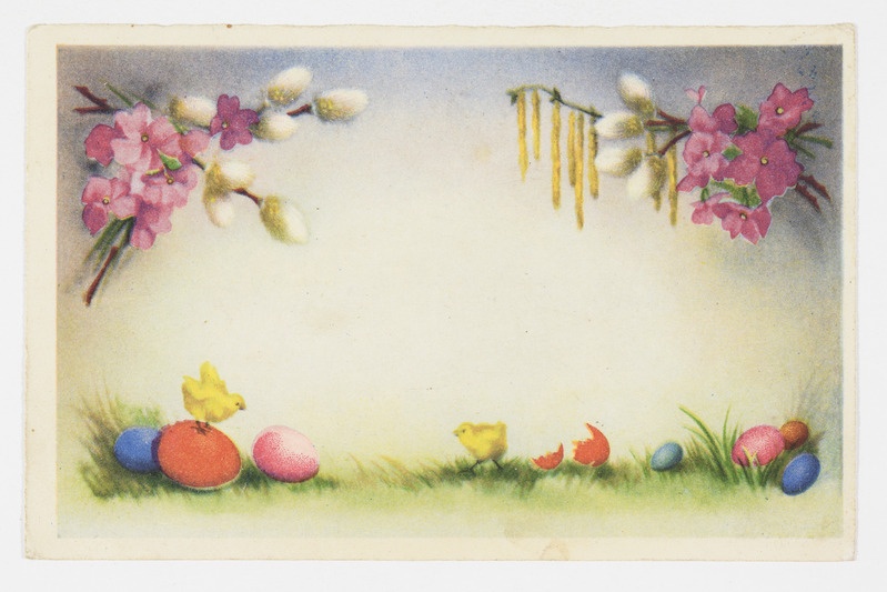 Lihavõttekaart värviliste munade, tibude, pajutibude, kaseurbade ja õitega