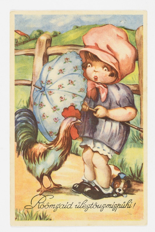 Lihavõttekaart kirju kuke ja vihmavarjuga lapsega ning tekstiga "Rõõmsaid ülestõusmispühi!"