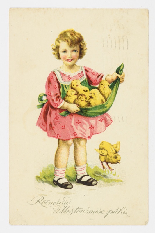 Lihavõttekaart põlle sees tibupoegi hoidva lapsega ning tekstiga "Rõõmsaid Ülestõusmise pühi"