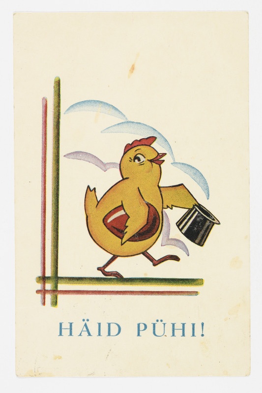 Lihavõttekaart kõvakübaraga tibuga ning tekstiga "Häid pühi!"