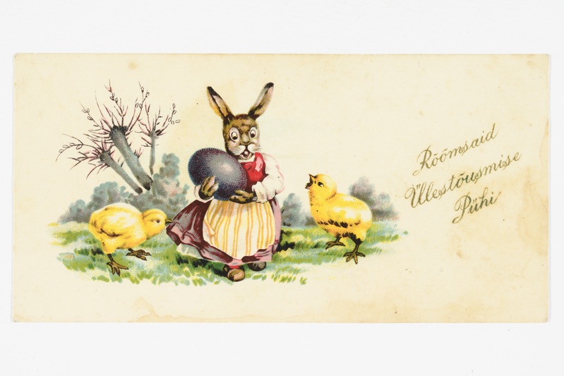 Lihavõttekaart jänese ja tibudega ning tekstiga "Rõõmsaid Ülestõusmise Pühi"