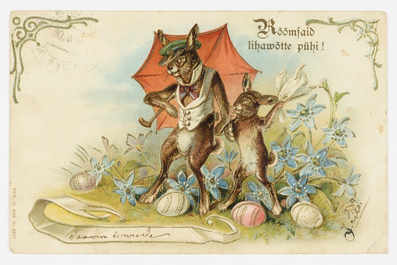 Lihavõttekaart värviliste munade, lillede ja vihmavarjuga jänestega ning tekstiga "Rõõmsaid lihavõtte pühi!"