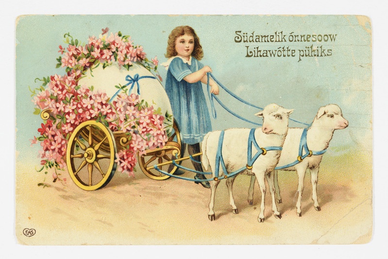 Lihavõttekaart munavankri ette rakendatud talledega ning tekstiga "Südamelik õnnesoov Lihavõtte pühiks"