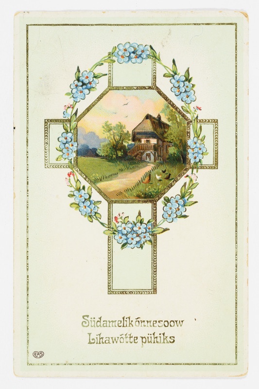 Lihavõttekaart risti, meelespealillede ja taluhoonega ning tekstiga "Südamelik õnnesoov Lihavõtte pühiks"