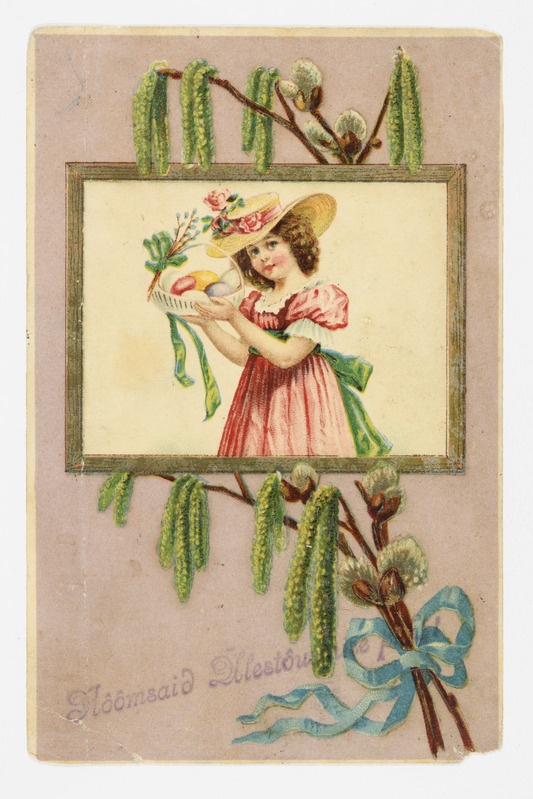 Lihavõttekaart kase- ja pajuurvadega ehitud munakorvi hoidva tüdruku portreega ning tekstiga "Rõõmsaid Ülestõusmisie pühi!"