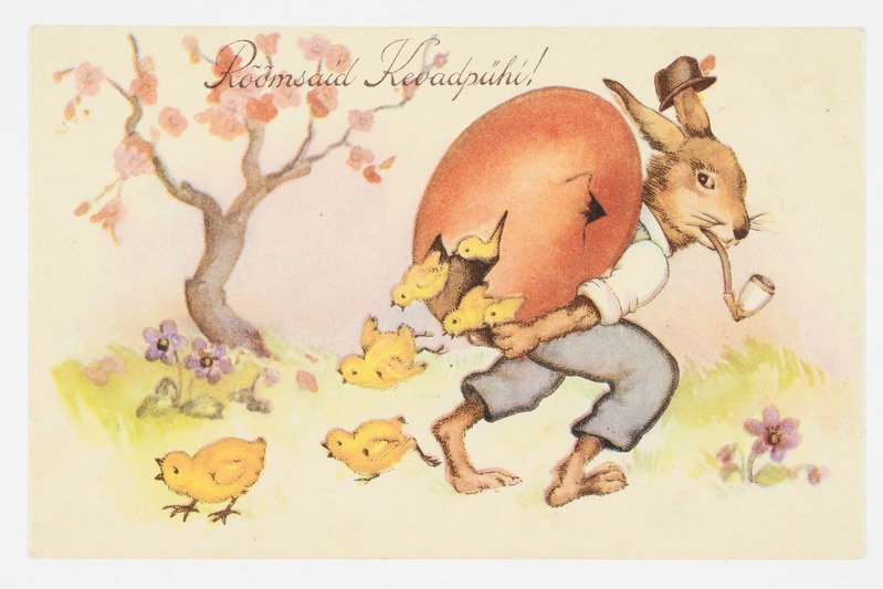 Lihavõttekaart suurt muna seljas kandva jänesega ja tibudega ning tekstiga "Rõõmsaid Kevadpühi!"