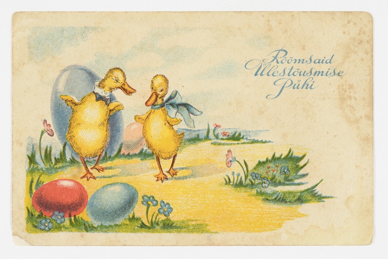 Lihavõttekaart munade ja partidega ning tekstiga "Rõõmsaid Ülestõusmise Pühi"