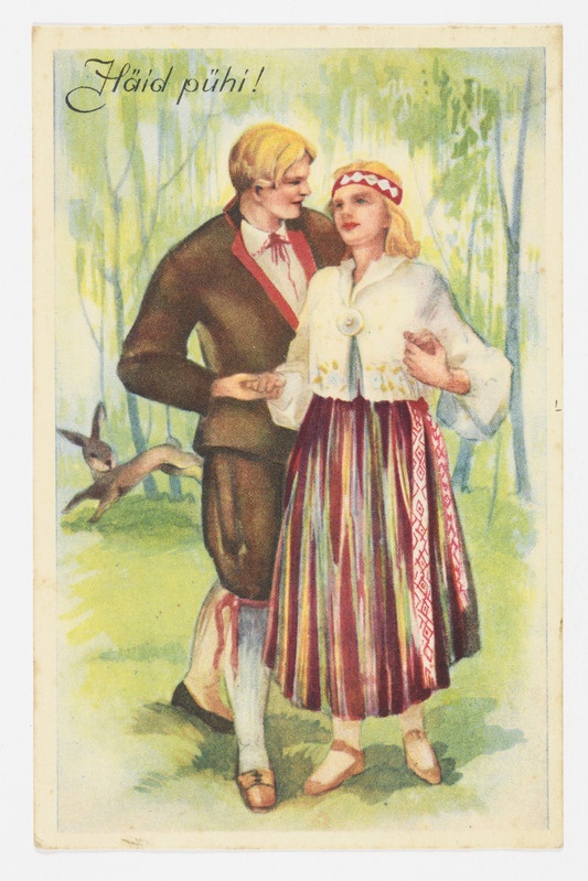 Lihavõttekaart rahvariietes paariga ja metsa all jooksva jänesega ning tekstiga "Häid pühi!"