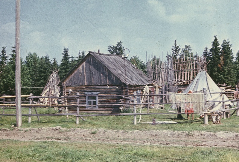 Handi elumaja, mille õues on püstkoda. 
Jamali Neenetsi rahvusringkond Šurõškarõ rajoon Sõnja külanõukogu Ovgorti küla.
Foto  1976.