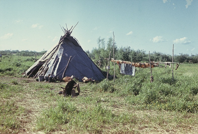 Handi püstkoda ja selle ümbrus. Jamali Neenetsi rahvusringkond Šurõškarõ rajoon Lophari külanõukogu ja suveküla.
Foto 1977.