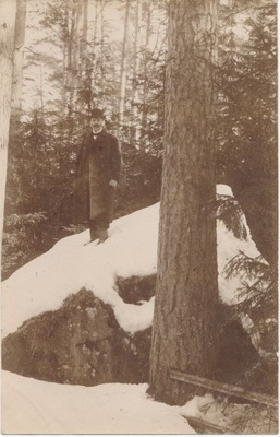Foto. Mees seismas metsas suurel kivil. O. Siluti kogu. Albumis.  similar photo