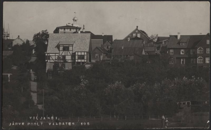 fotopostkaart, Viljandi, Trepimägi, 2 villat, Roosi tn villa, veetorni ehitus, 1911, foto J. Riet