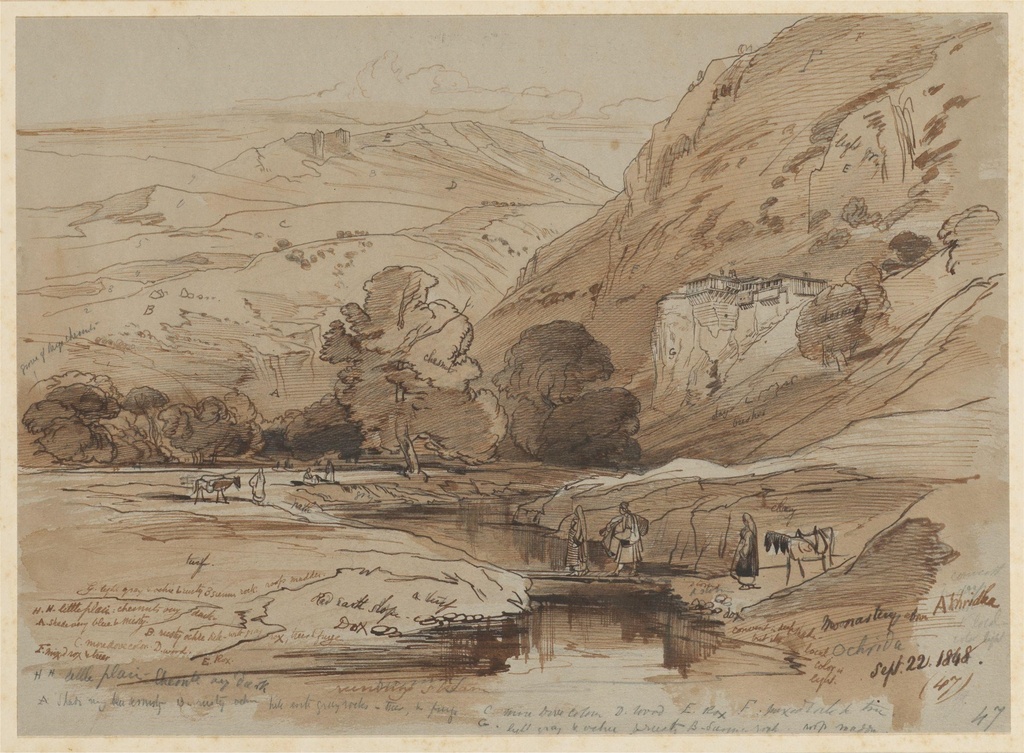 Monastery near Ohrid by Edward Lear (1848) - A landscape somewhere near Ohrid drawn by Edward Lear in September 1848 during his trip to the Albanian provinces. It depicts a monastery on a rock and below a stream where people are crossing over a bridge.[1]