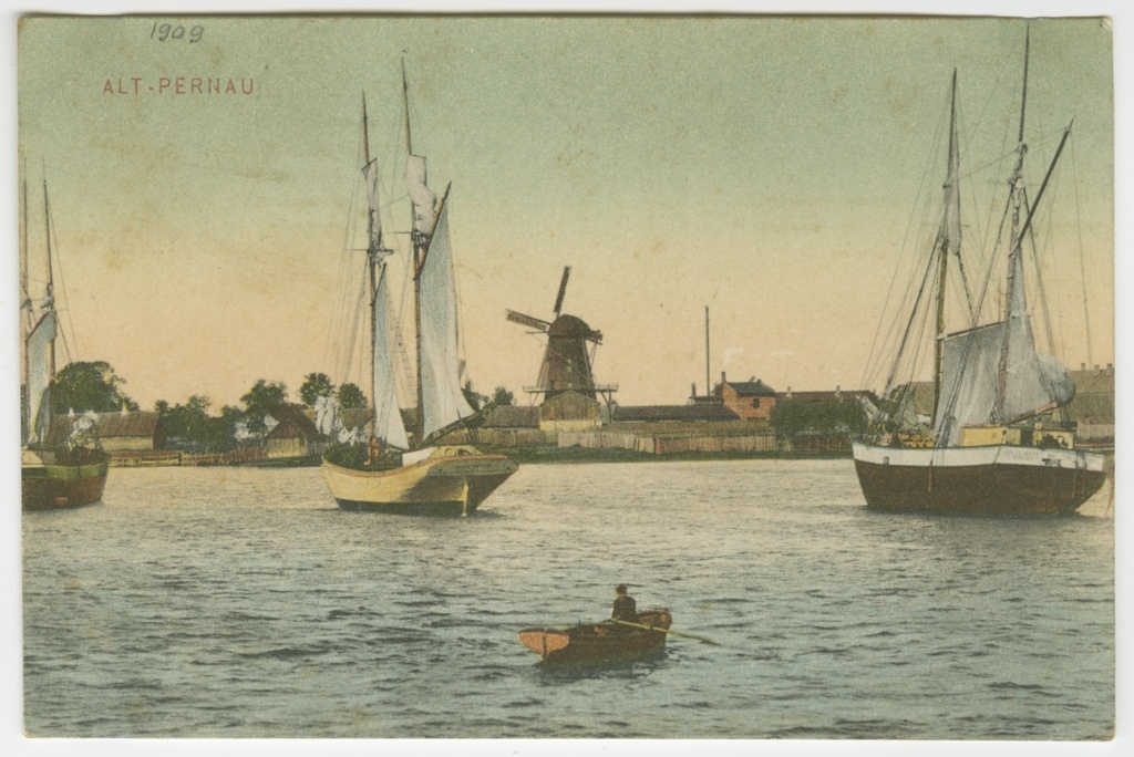 Postkaart. Purjelaevad Pärnu jõel, tagaplaanil tuulik