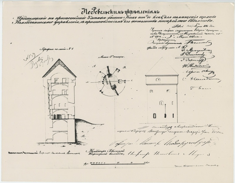 Kiek-in-de-Kök'i püstläbilõige, III korruse plaan ja fassaad, 1860. aastast.